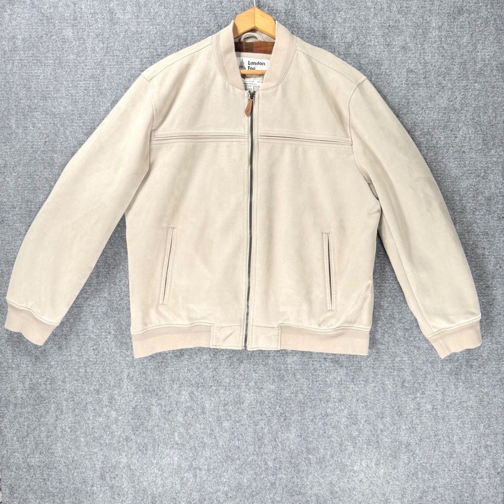 London Fog Heritage Men's Large Beige Faux Suede Harrington Bomber Jacket